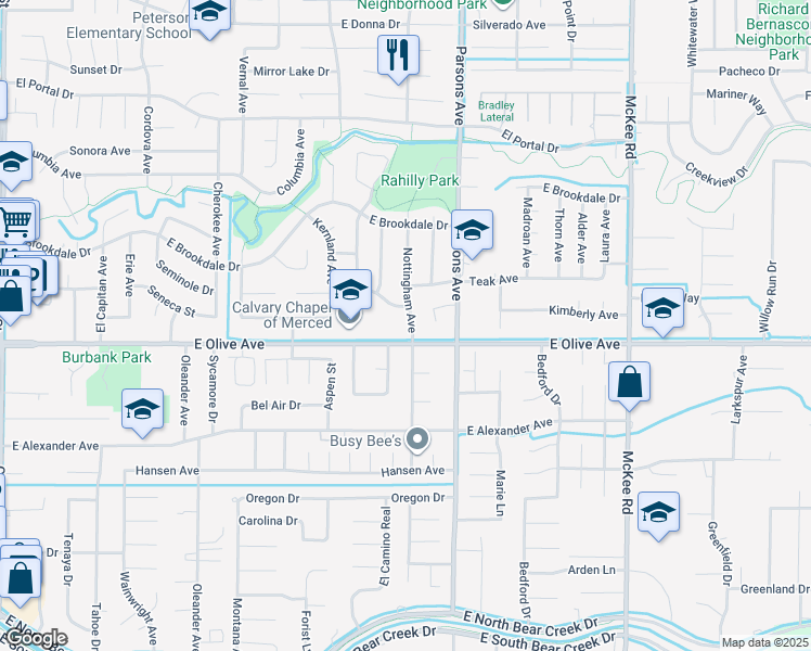 map of restaurants, bars, coffee shops, grocery stores, and more near 3125 Nottingham Avenue in Merced