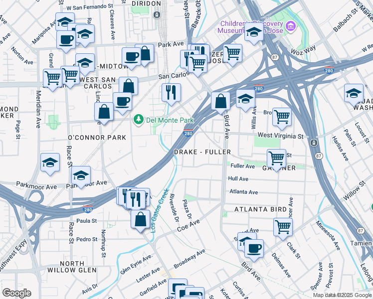 map of restaurants, bars, coffee shops, grocery stores, and more near 522 Gregory Street in San Jose