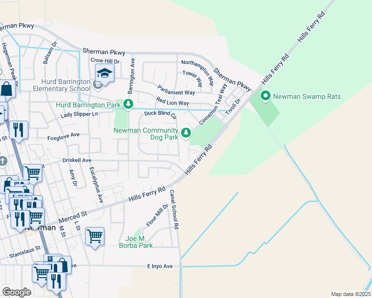 map of restaurants, bars, coffee shops, grocery stores, and more near 1311 Marapole Court in Newman