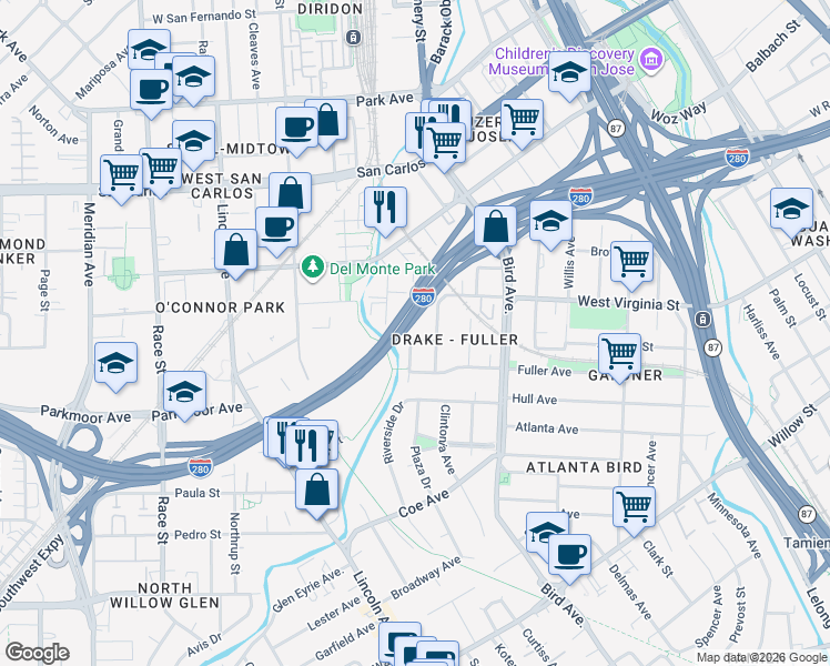 map of restaurants, bars, coffee shops, grocery stores, and more near 522 Gregory Street in San Jose