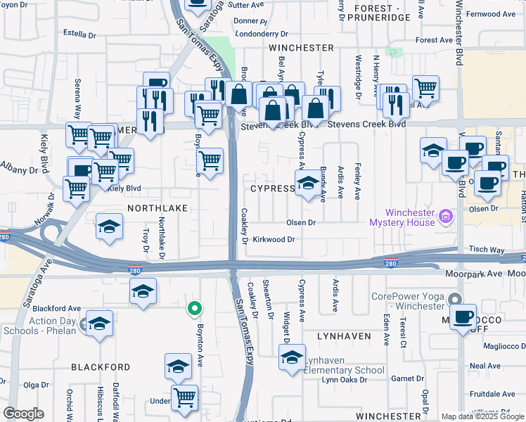 map of restaurants, bars, coffee shops, grocery stores, and more near 470 Nolden Avenue in San Jose