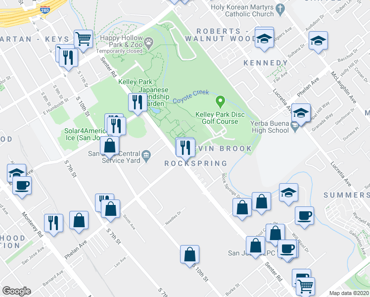 map of restaurants, bars, coffee shops, grocery stores, and more near 1650 Senter Road in San Jose
