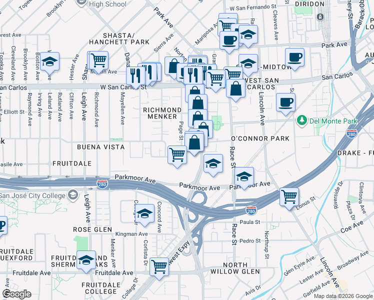 map of restaurants, bars, coffee shops, grocery stores, and more near 540 Page Street in San Jose