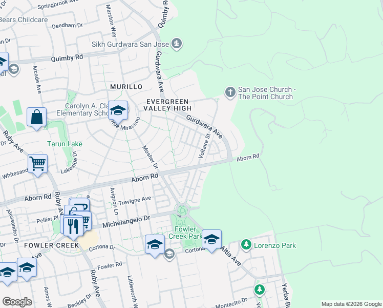 map of restaurants, bars, coffee shops, grocery stores, and more near 4166 Matisee Terrace Place in San Jose