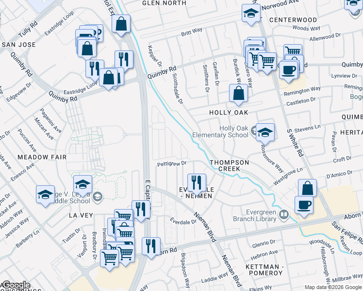 map of restaurants, bars, coffee shops, grocery stores, and more near 2663 Whispering Hills Circle in San Jose