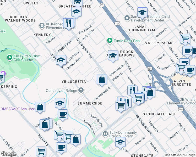 map of restaurants, bars, coffee shops, grocery stores, and more near 2175 Summerton Drive in San Jose