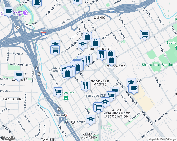 map of restaurants, bars, coffee shops, grocery stores, and more near 142 Graham Avenue in San Jose