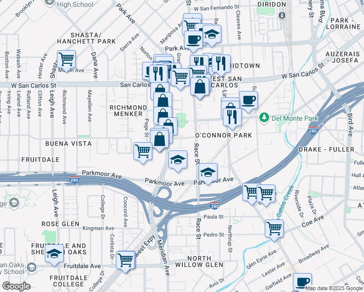 map of restaurants, bars, coffee shops, grocery stores, and more near 507 Harmon Avenue in San Jose