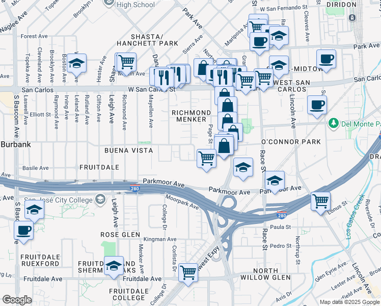map of restaurants, bars, coffee shops, grocery stores, and more near 531 South Willard Avenue in San Jose