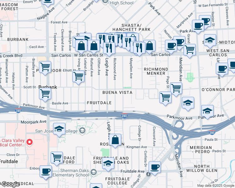 map of restaurants, bars, coffee shops, grocery stores, and more near 541 Richmond Avenue in San Jose
