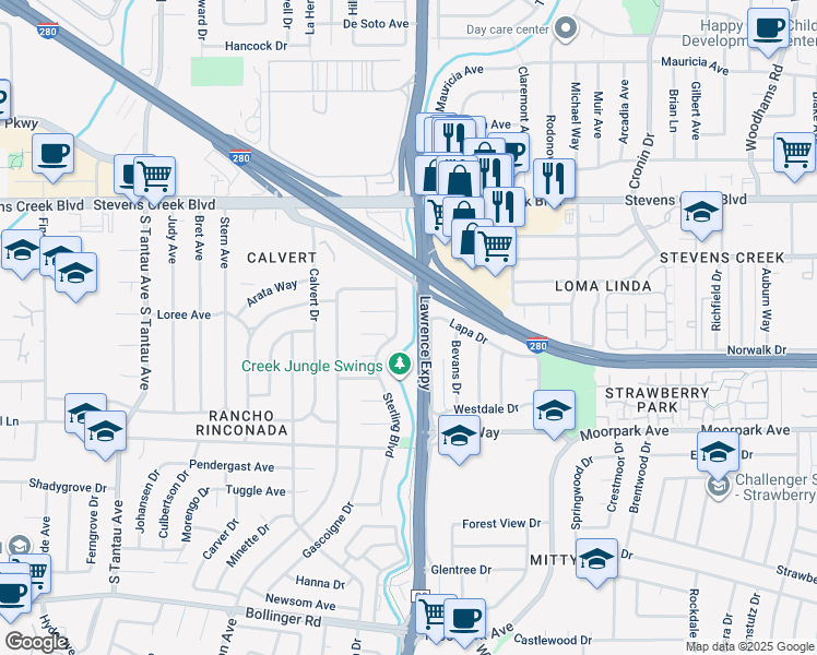 map of restaurants, bars, coffee shops, grocery stores, and more near 10308 Sterling Boulevard in Cupertino