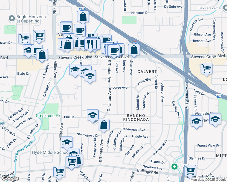 map of restaurants, bars, coffee shops, grocery stores, and more near 10307 Judy Avenue in Cupertino