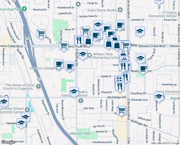 map of restaurants, bars, coffee shops, grocery stores, and more near 10311 Bonny Drive in Cupertino
