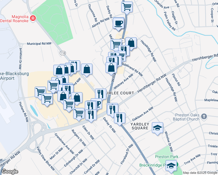 map of restaurants, bars, coffee shops, grocery stores, and more near 5034 Hearthstone Road in Roanoke