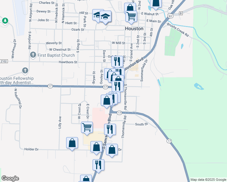 map of restaurants, bars, coffee shops, grocery stores, and more near 1021 South Sam Houston Boulevard in Houston