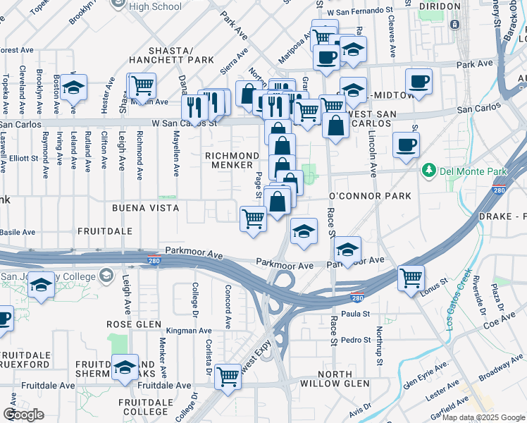 map of restaurants, bars, coffee shops, grocery stores, and more near 540 Page Street in San Jose