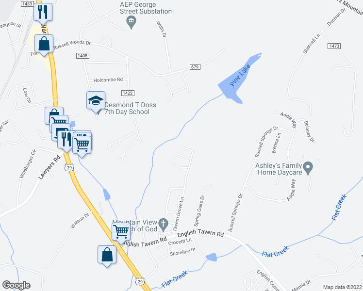 map of restaurants, bars, coffee shops, grocery stores, and more near 104 Squire Circle in Lynchburg