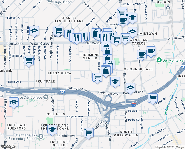 map of restaurants, bars, coffee shops, grocery stores, and more near 520 South Willard Avenue in San Jose