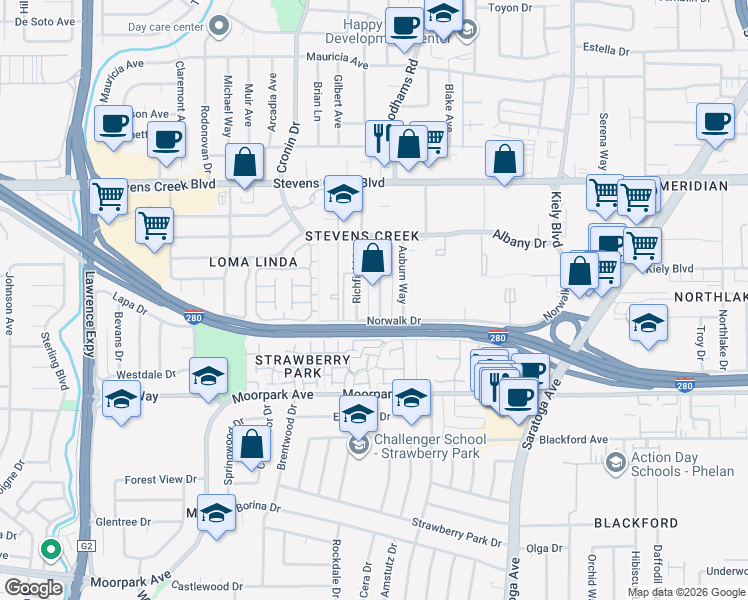 map of restaurants, bars, coffee shops, grocery stores, and more near 439 Greendale Way in San Jose