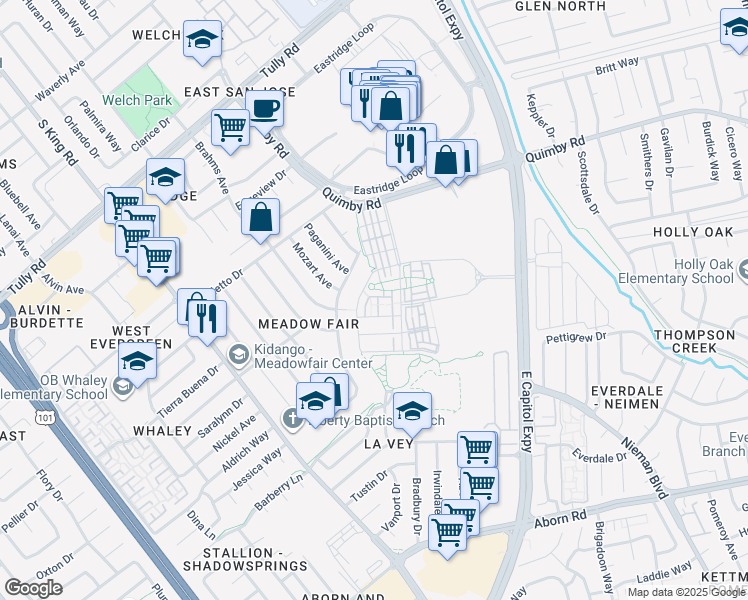map of restaurants, bars, coffee shops, grocery stores, and more near 2714 Tranquility Street in San Jose