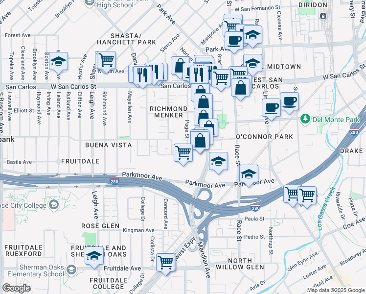 map of restaurants, bars, coffee shops, grocery stores, and more near 529 Page Street in San Jose