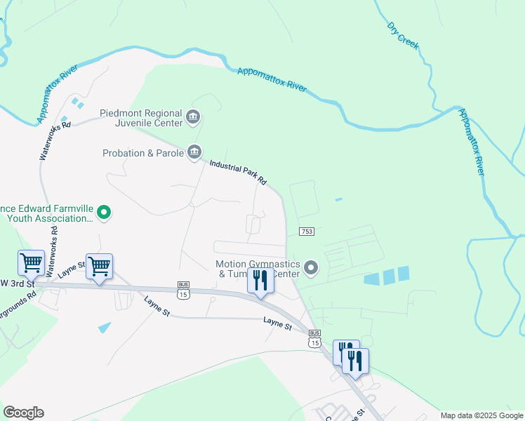 map of restaurants, bars, coffee shops, grocery stores, and more near 128 Callaway Lane in Farmville