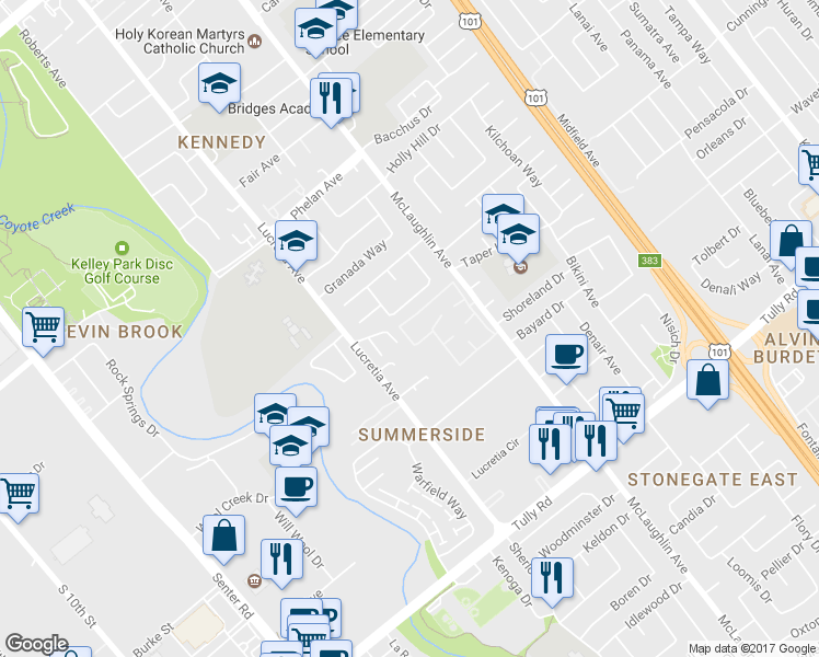 map of restaurants, bars, coffee shops, grocery stores, and more near 986 Summerplace Drive in San Jose