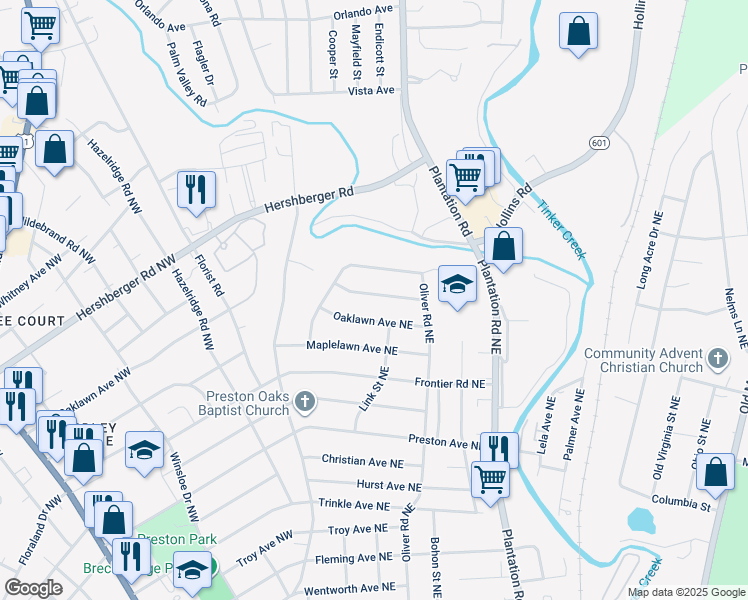 map of restaurants, bars, coffee shops, grocery stores, and more near 169 Monterey Avenue Northeast in Roanoke