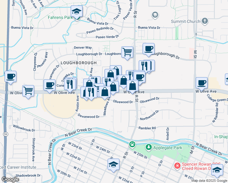 map of restaurants, bars, coffee shops, grocery stores, and more near 3099 Meadows Avenue in Merced