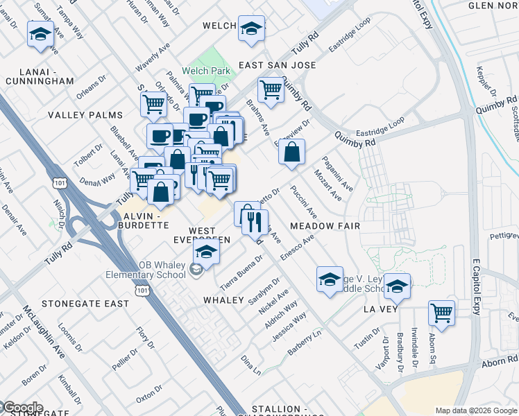 map of restaurants, bars, coffee shops, grocery stores, and more near 2636 Aida Avenue in San Jose