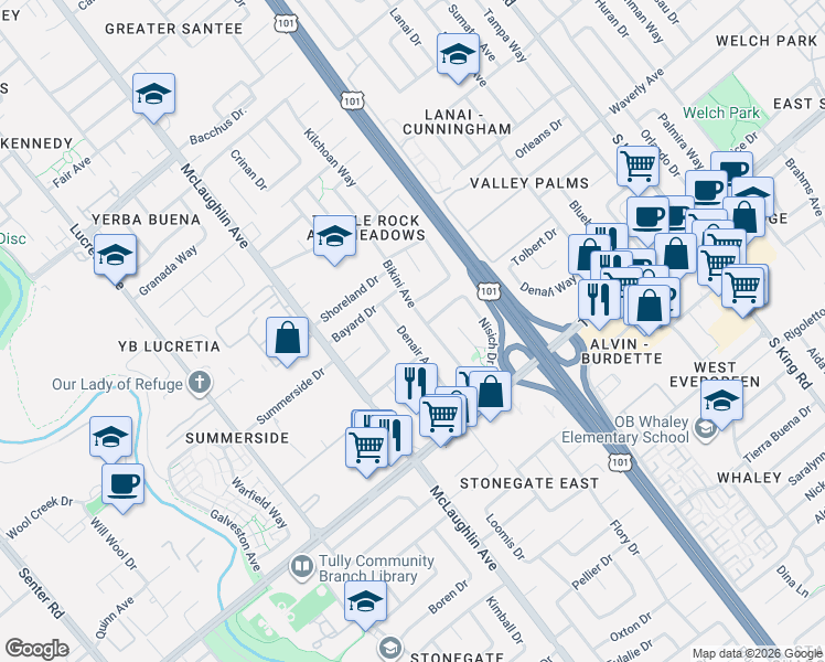 map of restaurants, bars, coffee shops, grocery stores, and more near 2298 Denair Avenue in San Jose
