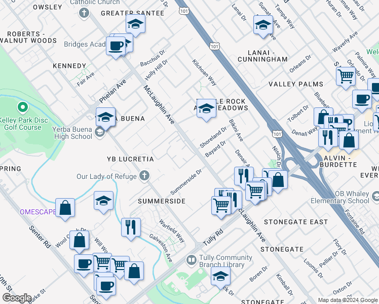 map of restaurants, bars, coffee shops, grocery stores, and more near 2079 McLaughlin Avenue in San Jose