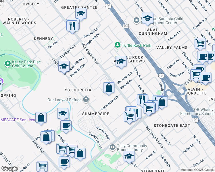map of restaurants, bars, coffee shops, grocery stores, and more near 2175 Summerton Drive in San Jose