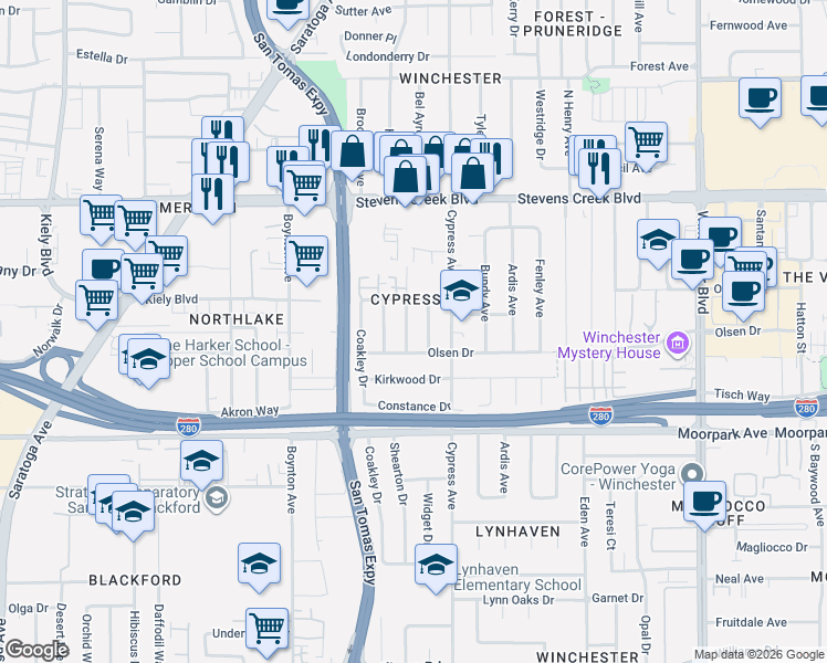 map of restaurants, bars, coffee shops, grocery stores, and more near 3564 Olsen Drive in San Jose