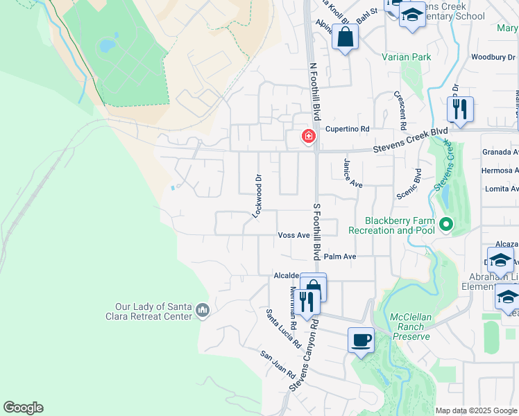 map of restaurants, bars, coffee shops, grocery stores, and more near 10319 McKlintock Lane in Cupertino
