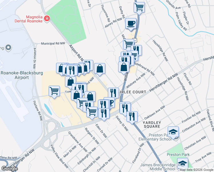 map of restaurants, bars, coffee shops, grocery stores, and more near 5100-5172 Airport Road Northwest in Roanoke