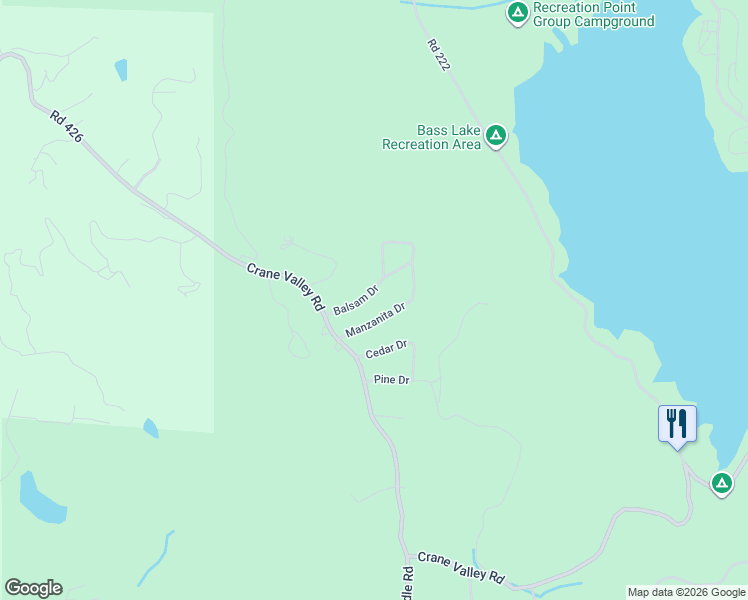 map of restaurants, bars, coffee shops, grocery stores, and more near 52854 Balsam Drive in Oakhurst