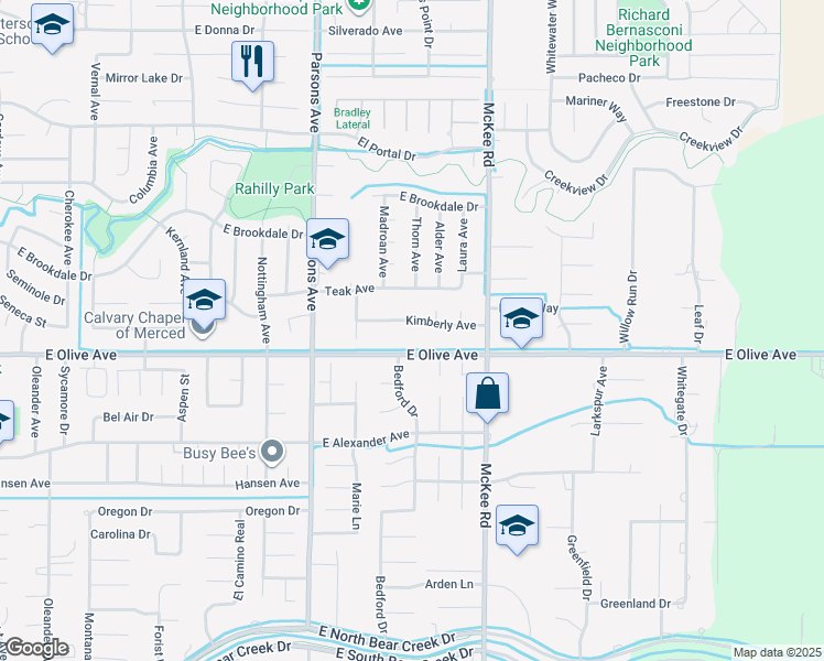 map of restaurants, bars, coffee shops, grocery stores, and more near 2032 Kimberly Avenue in Merced
