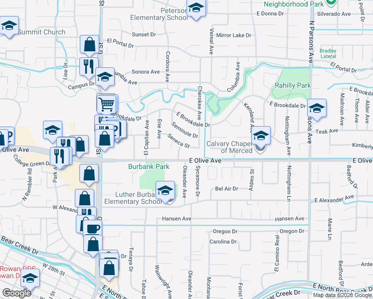 map of restaurants, bars, coffee shops, grocery stores, and more near 785 East Olive Avenue in Merced
