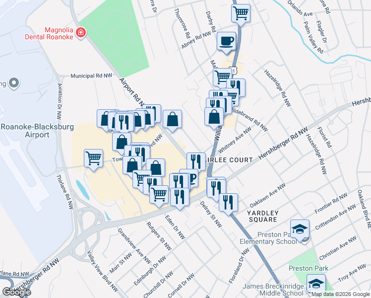 map of restaurants, bars, coffee shops, grocery stores, and more near 5100-5172 Airport Road Northwest in Roanoke