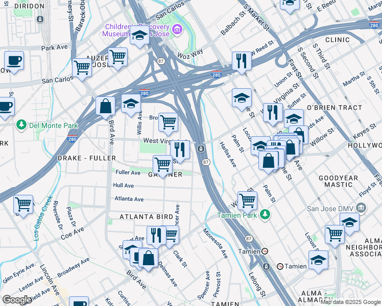 map of restaurants, bars, coffee shops, grocery stores, and more near 837 Prevost Street in San Jose