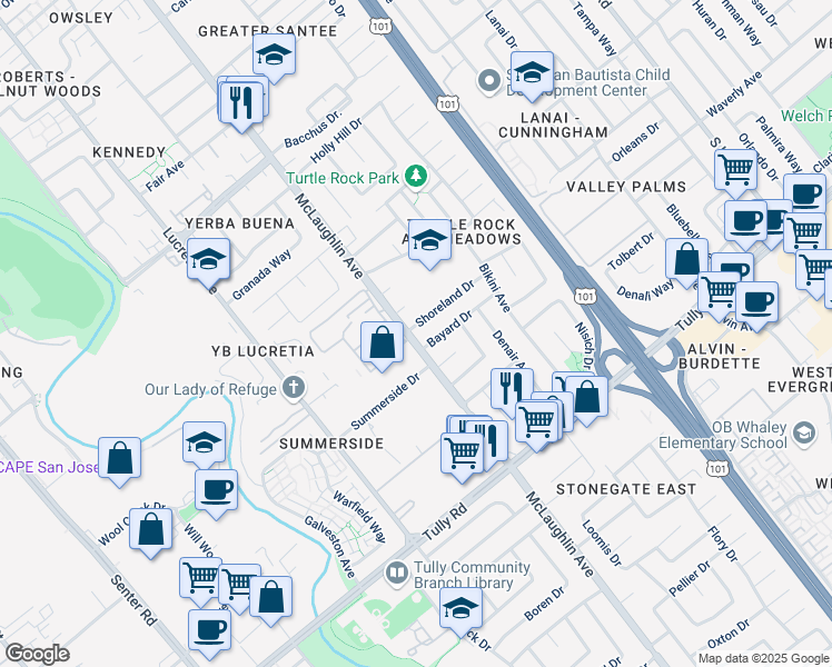 map of restaurants, bars, coffee shops, grocery stores, and more near 2079 McLaughlin Avenue in San Jose