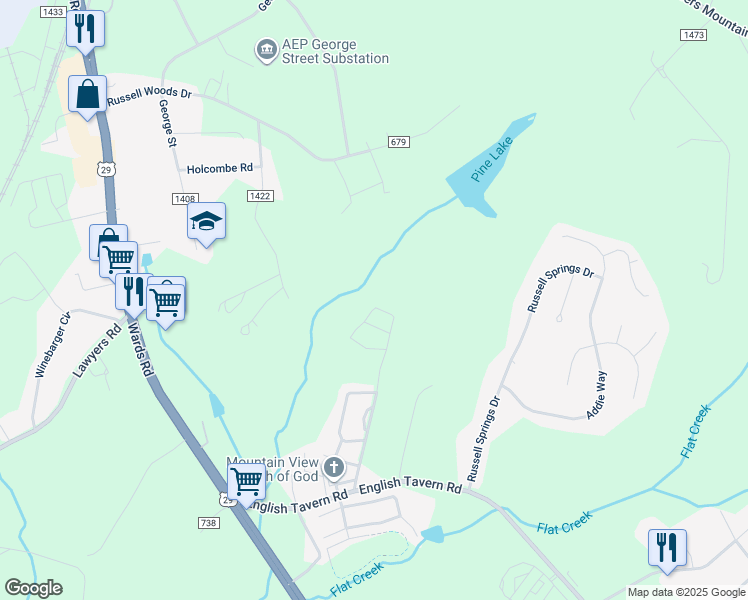 map of restaurants, bars, coffee shops, grocery stores, and more near 110 Squire Circle in Lynchburg