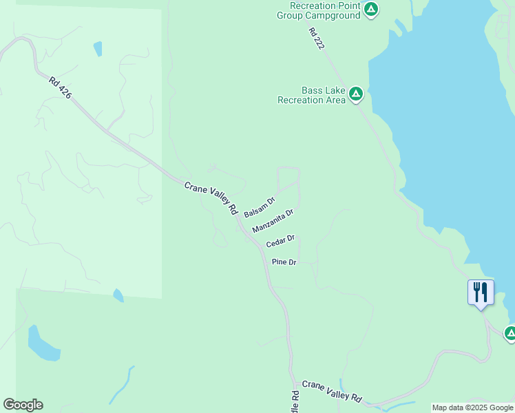 map of restaurants, bars, coffee shops, grocery stores, and more near 52815 Balsam Drive in Oakhurst