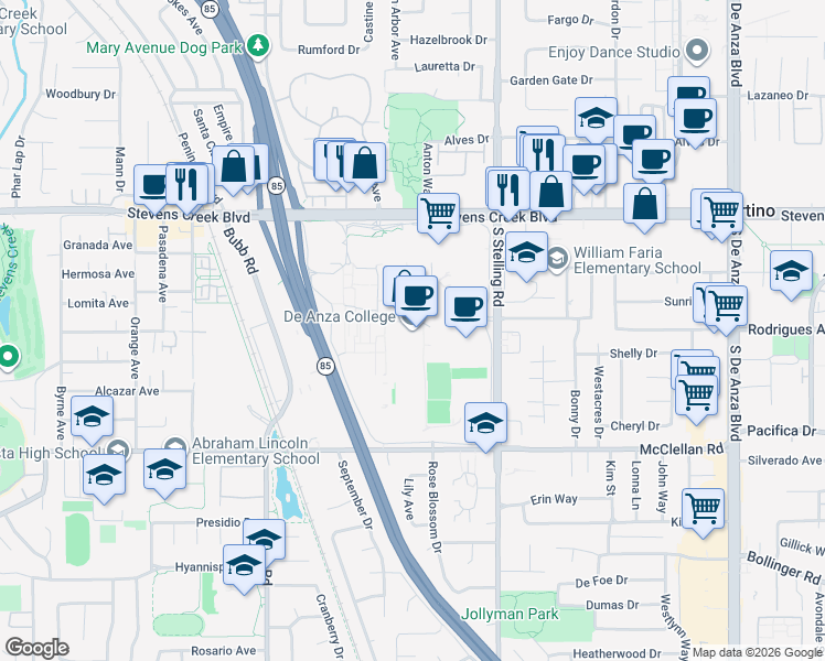map of restaurants, bars, coffee shops, grocery stores, and more near 21250 Stevens Creek Boulevard in Cupertino