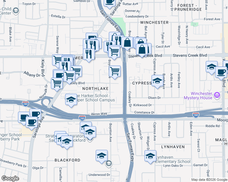 map of restaurants, bars, coffee shops, grocery stores, and more near 458 Boynton Avenue in San Jose
