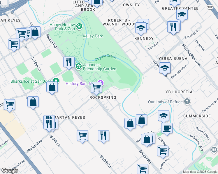 map of restaurants, bars, coffee shops, grocery stores, and more near 635 Phelan Avenue in San Jose