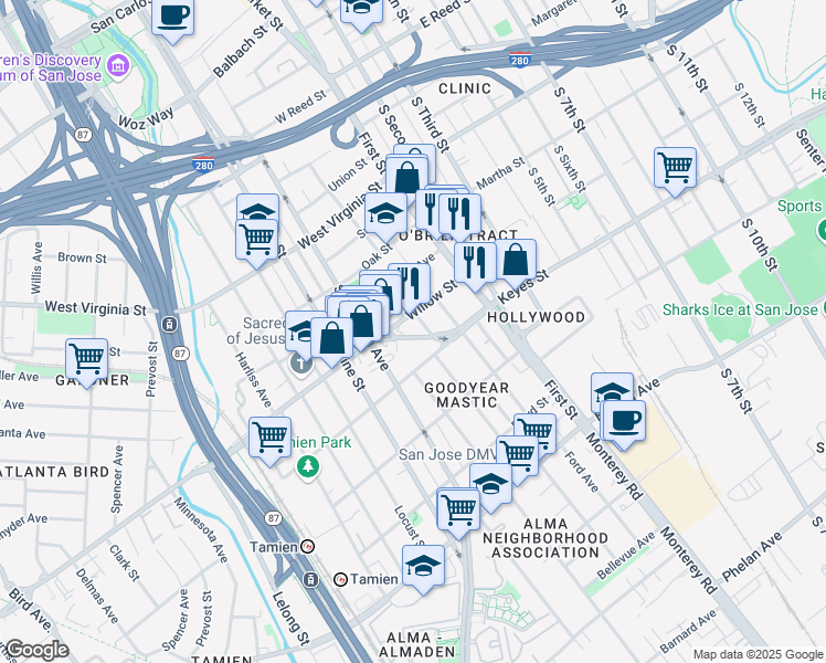 map of restaurants, bars, coffee shops, grocery stores, and more near 97 Willow Street in San Jose