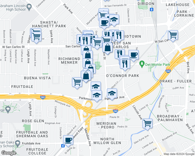 map of restaurants, bars, coffee shops, grocery stores, and more near 1310 Saddle Rack Street in San Jose