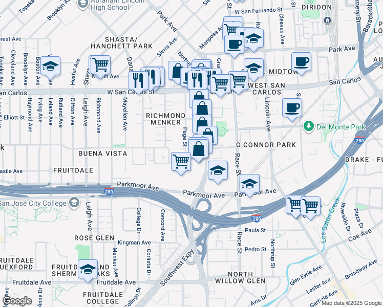 map of restaurants, bars, coffee shops, grocery stores, and more near 485 Page Street in San Jose
